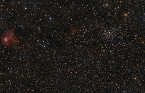 NGC1491, NGC1528
Nach längerer föhnbedingter Pause ergab sich endlich wieder mal die Gelegenheit, aus dem Garten zu fotografieren. NGC1491 ist ein kleiner Nebel im Sternbild Perseus, welcher in einen großflächigen Nebelkomplex eingebettet ist, daneben befindet sich der Sternhaufen NGC1528. TRotz der eher mäßigen Bedingungen ein recht passables Ergebnis.
Schlüsselwörter: NGC1491, NGC1528