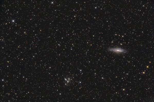 NGC 7331
Bisjetzt hab ich eigentlich wenig Galaxien mit dem 8" gemacht, also höchste Zeit dafür. NGC 7331 ist eigentlich deswegen gefragt, da gleich in der Nähe eine Gruppe von Galaxien, das Stephan's Quintett liegt und ein sehr schönes Fotoobjekt abgibt. Visuell ist 7331 eher mager.
Schlüsselwörter: NGC 7331