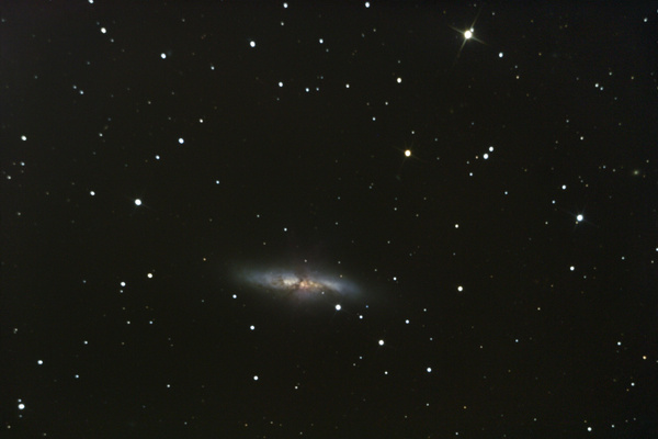 M82 (NGC3034)
Durch die eher mäßige Rotempfindlichkeit der Canon 350d kommt das aus dem Galaxiezentrum hinauskatapultierte Material nicht besonders gut zur Geltung. Dennoch kann man die Umrisse gut erkennen.

