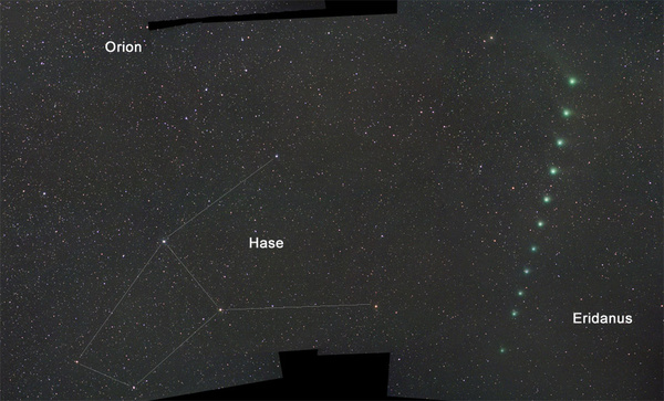 01 Die Positionen des Kometen Machholz am Nachthimmel vom 04.12.2004 bis 15.12.2004.
Der Himmelsausschnitt wurde aus 12 Aufnahmen mit einem 200mm Teleobjektiv gewonnen und im Photoshop zusammengesetzt. Die Einzelbilder wurden in einem Abstand von ca. 24 Stunden gewonnen und die Größe des Kometen ist anhand des abgebildeten Sternbildes gut abzuschätzen.
