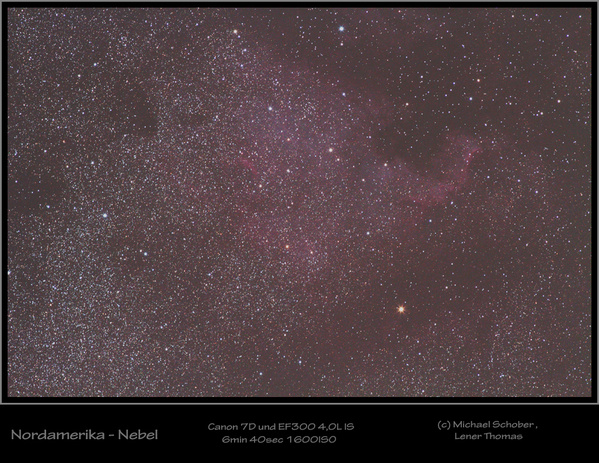 NGC 7000
Also das ist er der altbekannte Nordamerika-Nebel. Dank Michael Schober konnte  ich den mal richitg ablichten. Fotographiert wurde mit einer Canon 7D (nicht umgebaut) und dem Canon EF 300 4,0L auf f4,5 mit 1600ISO, 5 Fotos mit einer Gesamtbelichtungszeit von 6min 40sec. Ich hoffe es gefällt. 
Schlüsselwörter: Canon