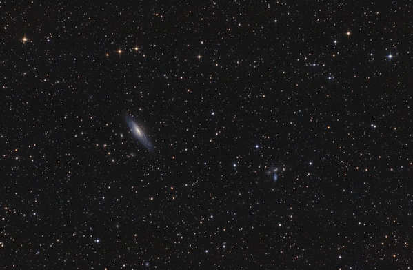 NGC 7331 - Stephansquintett
Hallo Leute!


Ich hatte zunächst große Schwierigkeiten mit der Bearbeitung, erreichte allerdings nach dem 4. "Anlauf" ein passables Resultat. 
Ich sammelte die Frames in der Nacht vom 8. auf den 9. September, hatte also (leider) mit abnehmendem Halbmond zu kämpfen, der schon um etwa 1 beinahe den gesamten Himmel ausleuchtete. Probleme hatte ich durch den Lichteinfall des Halbmondes in den Sucher auch mit dem Guiding, den Gradienten konnte ich einigermaßen gut korrigieren (Dynamic Background Extraction).

Zum Objekt:

Die Galaxie NGC 7331 wurde am 5. September 1784 von dem deutsch-britischen Astronomen Wilhelm Herschel entdeckt und liegt in einer Entfernung von etwa 40 Millionen Lichtjahren. Sie ähnelt in vielen Bereichen unserer eigenen Galaxie, weshalb sie auch "MIlky Way's Twin" genannt wird.

Das Stephans Quintett ist eine Gruppe von fünf Galaxien im Sternbild Pegasus, die am 22. September 1877 von dem französischen Astronom Édouard Jean-Marie Stephan entdeckt wurde.
Die Galaxien NGC 7317 bis NGC 7319 bilden ein räumlich enges, wechselwirkendes System in etwa 300 Millionen Lichtjahren Entfernung. Aufgrund der gegenseitigen Gravitationswirkung sind die Spiralarme der Galaxien unregelmäßig verformt.
Schlüsselwörter: Stephansquintett, NGC 7331, Stephan, Quintett
