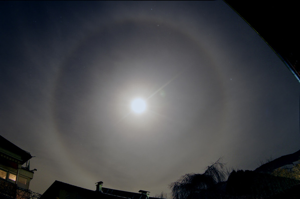 Mondhalo
Ein Mondhalo entsteht durch hochliegende, dünne Wolken, ist aber eher selten so deutlich zu sehen. Gestern bot sich aber aus meinem Garten ein so toller Anblick, dass ich trotz Kälte einfach nicht widerstehen konnte...
Schlüsselwörter: Mondhalo