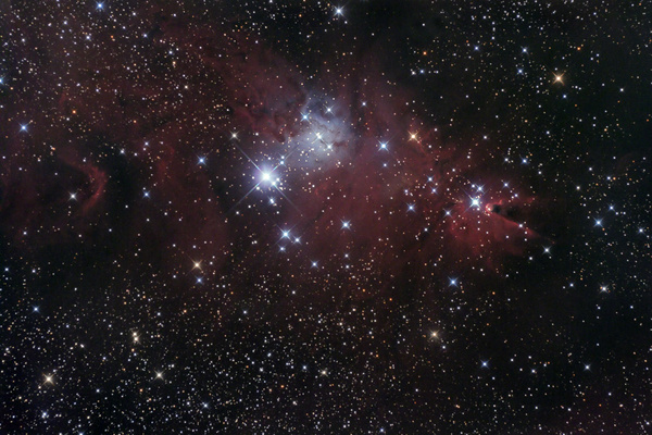 NGC2264, Konus-Nebel, Fox fur-Nebel
Eine faszinierende Nebelgegend im Sternbild Einhorn. Visuell so gut wie unsichtbar, erschließt sich fotografisch ein wunderbar strukturierter Nebelkomplex. Der Nebel links neben dem blauen Reflexionsnebel ist der Fox-fur (Fuchspelz)-Nebel, sieht ein bischen wie ein Fuchsfell mit Schnauze und Augen aus. Leider nur 9  Aufnahmen über 2 Tage verteilt, da widrige Umstände mehr verhinderten.
Schlüsselwörter: NGC2264, Konus-Nebel