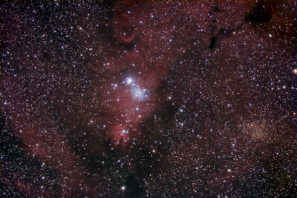 NGC2264, Konus-Nebel
Der Konus-Nebel ist visuell nur sehr schwer zu sehen, der Weihnachtsbaumhaufen kommt jedoch  sehr schön zur Geltung. Fotografisch besteht die Gegend aus einem überraschend strukturiertem Nebelgebiet, das ich so nicht erwartet hätte. Besonders interessant ist der rechts gelegene offene Sternhaufen Trumpler 5 durch seine deutlich gelbe Färbung. Eine etwas größere Version.
Schlüsselwörter: NGC2264, Konus-Nebel