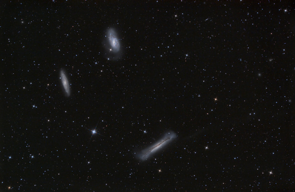 M65, M66, NGC3628, Leo-Triplett
Endlich ergab sich mal die Gelegenheit, mit der 6Dund dem 10"  halbwegs ernsthaft am Weerberg zu arbeiten. Bei sehr frühlingshaften +6° erkämpfte ich 11x15min Belichtung in Erwartung eines 2. Durchgangs am folgenden Abend. Dieser lässt allerdings aufgrund Zirren und Saharasand noch auf sich warten, daher hab ich mal verarbeitet, was ich habe. Leider ist der Gezeitenschweif noch grad über der NAchweisgrenze und der Hintergrund sehr unruhig.
Schlüsselwörter: M65, M66, NGC3628, Leo-Triplett