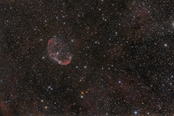 NGC6888
Eine frühherbstliche Wetterperiode bewog mich, wieder mal was aus dem Garten zu machen. An insgesamt 2 Abenden fotografierte ich NGC6888. Dies ist ein Emissionsnebel im Sternbild Schwan, welcher um einen heißen Wolf-Rayet-Stern liegt. Leider decken die zahllosen hellen Sterne der Milchstraße die Nebelwolken etwas ab.
Schlüsselwörter: NGC6888
