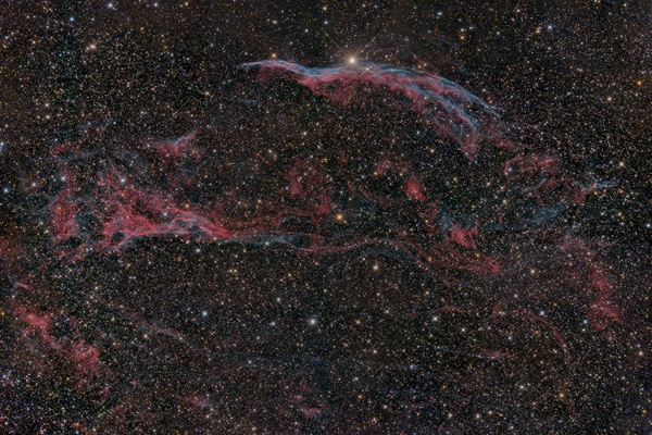 Sturmvogel, Cirrus-Nebel, NGC6960
Nach einem mehr als lausigen Sommer bescherte uns die letzte Augustwoche unerwartet stabiles Bade-und Astrowetter. Ich nutzte gleich die ersten 2 Möglichkeiten und nahm den Sturmvogel aufs Korn. Dies ist ein Teil eines ausgedehnten Supernovaüberrests. Die Bedingungen waren ziemlich gut, an 2 Abenden gingen sich 46 Aufnahmen aus. Große Version.
Schlüsselwörter: Sturmvogel, Cirrus-Nebel, NGC6960