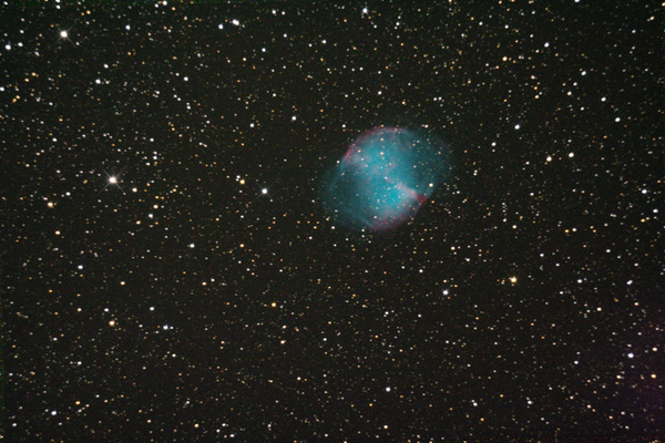 Der Hantel-Nebel M27
Aufgrund der beinahe unkontrollierbaren Nachführung der Selbstbaumontierung (viel zu gering dimensioniert für den schweren 16" f/5 Dobson) konnte ich bei lediglich einminütigen Belichtungen halbwegs punktförmige Sternabbildungen erreichen. Gerade deshalb gefällt mir diese Aufnahme besonders gut.
Schlüsselwörter: planetarischer Nebel, Hantel-Nebel,