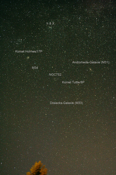 Die Kometen Holmes und Tuttle am 29.12.2007
Geschafft beide Kometen auf einem Bild! Auch wenn Komet Tuttle relativ klein auf dieser Aufnahme erscheint, so darf man diesen Schweifstern dennoch nicht unterschätzten. Tuttle ist beinahe so groß wie M33!!!
