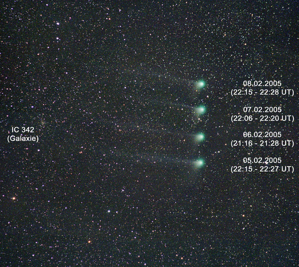 33 Komet Machholz Anfang Februar (05.02.2005 - 08.02.2005).
Der Komet ist Anfang Februar zwar schon deutlich kleiner geworden, aber man kann den Schweifstern bei dunklem Himmel immer noch mit fereim Auge erkennen. Dazu ist es aber notwendig die genaue Position des Kometen zu kennen. Gas- und Staubschweif sind immer noch sehr schön ausgebildet. Machholz zieht in diesen Tagen an der Spiralgalaxie IC342 vorbei.

