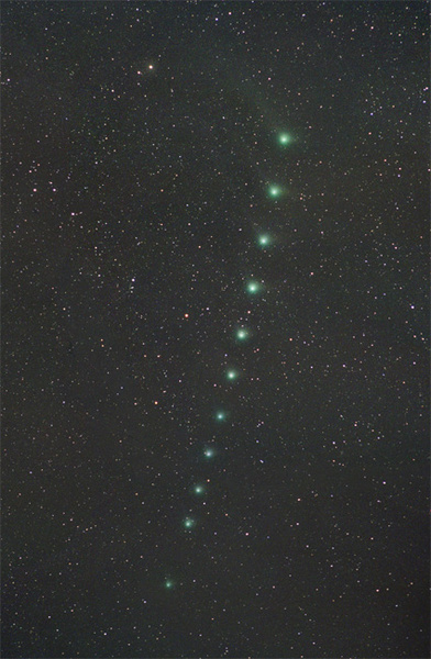 25 Komet Machholz Anfang Jänner 2005 (04.01.05 - 12.01.05)
Anhand dieses Mosaiks kann die Flugbahn des Schweifsternes gut nachvollzogen werden. Sein Weg führt ihn an den Plejaden (M45) und am California-Nebel (NGC1499) vorbei.
