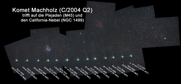 31 Komet Machholz vom 04.01.2005 bis 17.01.2005.
Der Komet wandert an den Plejaden (M45) und dem California-Nebel (NGC1499) vorbei. Recht gut sind die unterschiedlichen Erscheinungsbilder des Gasschweifes von Nacht zu Nacht zu erkennen.
