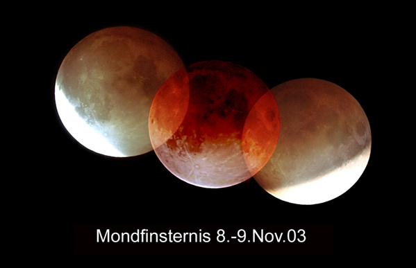 07 totale Mondfinsternis am 08./09.11.2003
Anhand dieses im Photoshop erstellten Bildes kann man in etwa die Größe des Kernschattens der Erde im Vergleich zum Mond erahnen.
